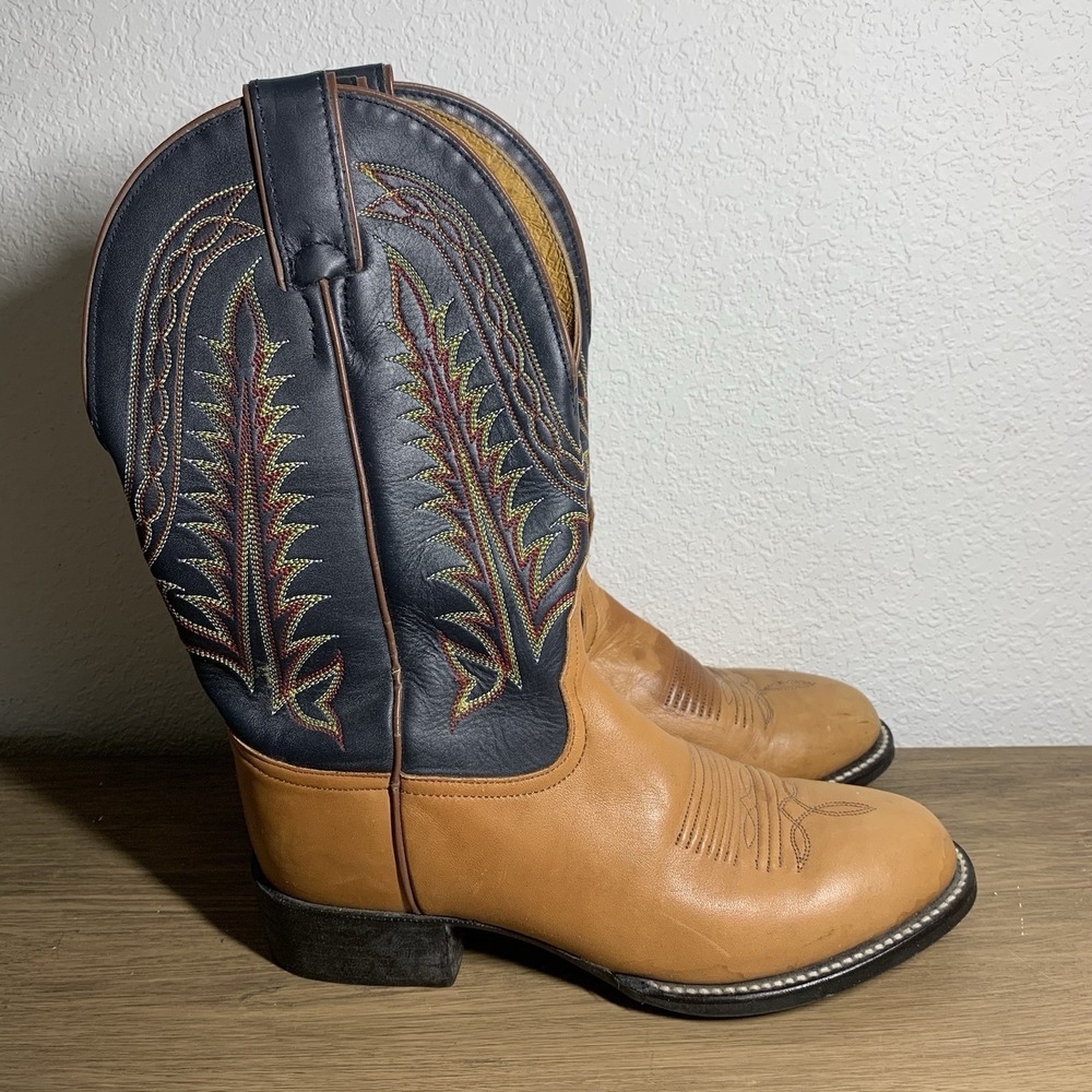 Vintage Tony Lama Leather Roper Cowboy Boots Brown Navy Women's Size 6B